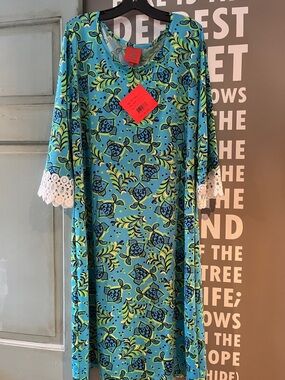 Tracy Negoshian Lagoon Blue & Lime Fish-Print dress.